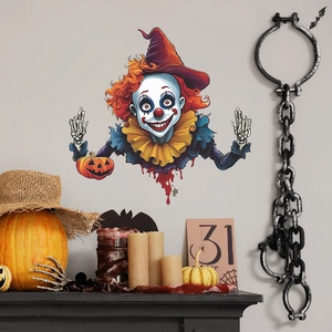Creepy Halloween clown window decal with skeleton hands and a mini pumpkin sticker