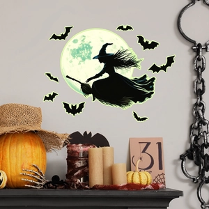 Luminous Halloween wall sticker featuring a witch on broom, full moon, and bats