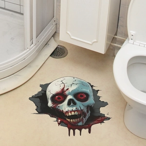 3D realistic zombie skull floor sticker with blood splatter for Halloween bathroom decor