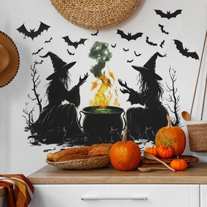 Halloween wall stickers featuring witches brewing potions and bats for home decor