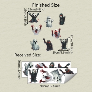 Detailed size chart showing received and finished layout for Halloween ghost wall stickers