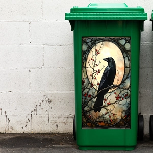 Artistic raven on berry branch sticker decoration for green wheelie bin outdoor waste