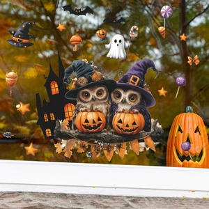 Halloween static window clings featuring cartoon owls, pumpkins, ghosts and castles