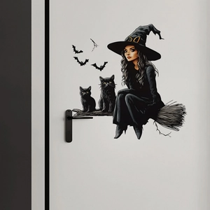 Halloween Wandaufkleber mit Hexenmädchen auf Besen, schwarzen Katzen und Fledermäusen Deko