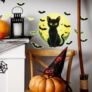 Halloween wall stickers featuring a black cat, glowing moon, and bats for home decoration