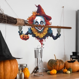 Halloween scary clown wall sticker with purple wizard hat and pumpkin lantern for home decor
