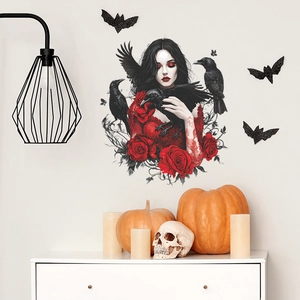 Stickers muraux gothiques femme roses et corbeau pour décoration d'Halloween