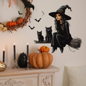 Halloween Wandaufkleber mit Hexe auf Besen, schwarzen Katzen und Fledermäusen für Deko