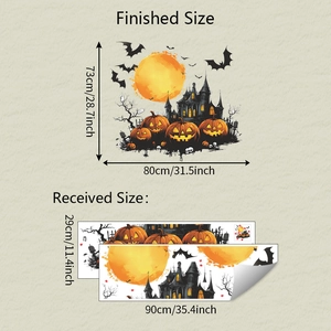 Schema delle dimensioni per adesivi murali Halloween con zucca, castello e pipistrelli