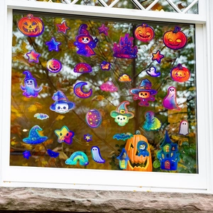 Holografische Halloween Fensteraufkleber mit Kürbis- und Geist-Motiven für festliche Deko