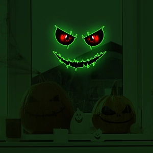 Spooky glowing pumpkin wall sticker with green eyes for Halloween home decoration