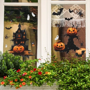 Halloween window clings featuring pumpkins bats and spooky castle for home glass decoration