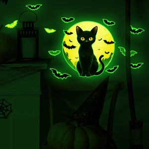 Luminous Halloween wall stickers featuring black cat, moon and bats in glow green light