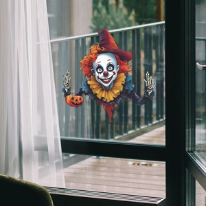 Halloween window sticker featuring a creepy clown with purple hat and pumpkin lantern