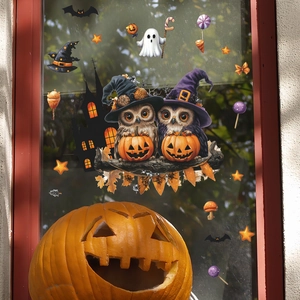 Halloween window decals featuring cartoon owls with pumpkins and ghosts for home decoration