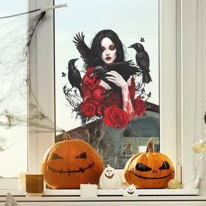 Sticker mural gothique avec femme sombre, corbeaux et roses rouges pour décoration maison