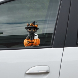 Halloween car sticker featuring black cat on pumpkins with a white ghost on a white car window