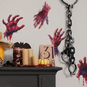 Spooky Halloween window stickers with realistic bloody handprints and dripping red blood details