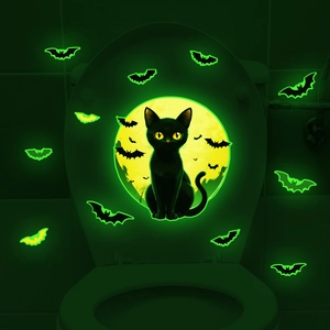 Halloween Glow In The Dark Wall Sticker PVC Black Cat Moon Bat Luminous Decal For Bedroom Living Room Home Party Decoration