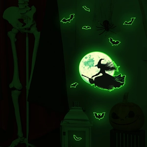 Luminous Halloween wall stickers with witch on broom, moon and bats glowing in the dark