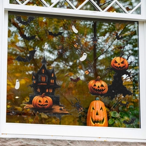 Halloween window static stickers with pumpkin bat and castle designs for home festive decor