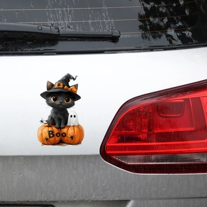 Halloween car sticker featuring a cute black cat on a pumpkin with ghost and spider icons