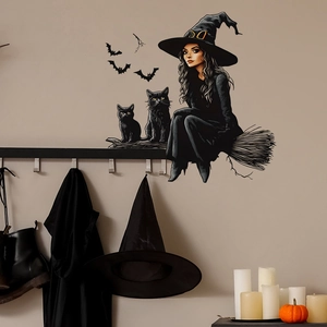 Halloween Wandaufkleber Set mit Hexe auf Besen, schwarzen Katzen und Fledermaus Silhouetten