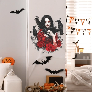 Sticker Mural Femme Gothique Rose Rouge Corbeau Noir Décalcomanie PVC Amovible Affiche Art Sombre pour Décoration Halloween