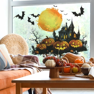 Adesivi per Finestre di Halloween Zucca Castello Pipistrello PVC Cartone Animato Luna Decalcomanie da Muro per Decorazione