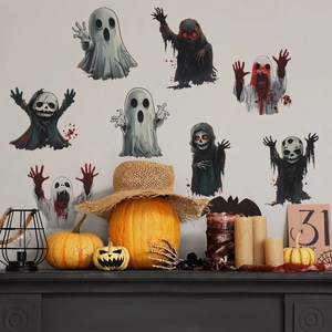 Halloween Cartoon Ghost Skeleton PVC Wall Stickers Spooky Ghost Face Blood Splatter Decals For Home Party Decoration