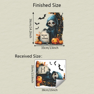 Size chart for Halloween skull and pumpkin window stickers with finished dimensions