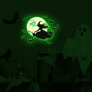 Luminous Halloween wall stickers featuring a witch on broom with glowing moon silhouettes