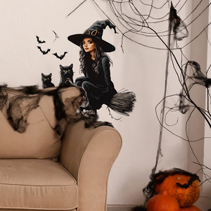 Halloween Wandtattoo mit Zeichentrick Hexe, schwarzen Katzen und Fledermäusen für Wohnzimmer