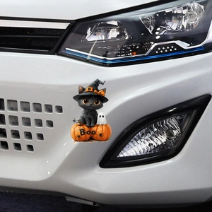 Halloween car decal featuring a black cat with wizard hat on pumpkins and small ghosts