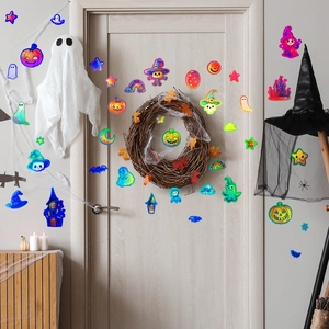 Bunte Laser Halloween Aufkleber mit Kürbissen und Geistern für die Fensterdekoration