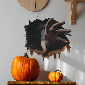 Halloween 3D zombie hand wall sticker showing a realistic monster hand breaking through the wall