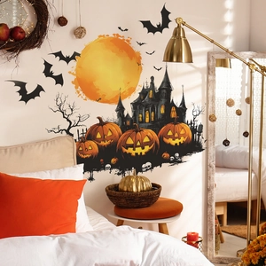 Adesivi murali di Halloween con castello di zucche e pipistrelli in camera da letto