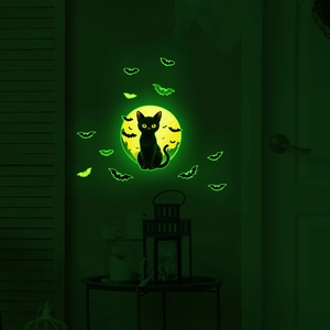 Glow in the dark Halloween wall stickers with luminous moon black cat and bats
