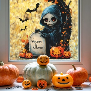 Halloween Grim Reaper Pumpkin Static Window Stickers PVC Removable Glass Decals For Halloween Party Home Window Decoration