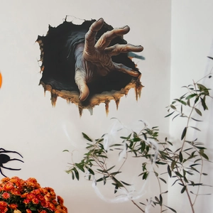 3D Halloween wall decal featuring a scary monster hand breaking through the wall
