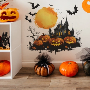Adesivo murale Halloween con castello nero pipistrello e zucche sotto la luna piena