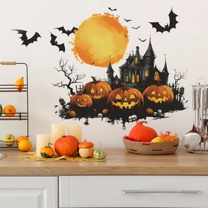 Adesivi murali Halloween con castello, pipistrelli e zucche su una parete bianca