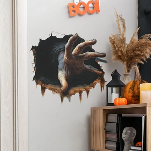 Realistic Halloween 3D wall sticker featuring a scary hand breaking through the plaster wall