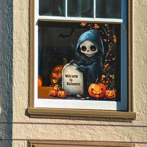 Halloween window clings featuring cute grim reaper, pumpkins and bats on glass