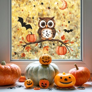Halloween Static Window Clings Cartoon Owl Pumpkin Bat PVC Decals For Home Glass Window Decoration Festive Party Decor