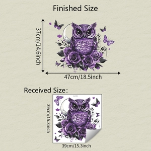 Detailed size specifications for purple owl and floral wall stickers showing dimensions