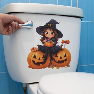 Sticker WC Halloween avec citrouille et petite sorcière pour décoration de salle de bain