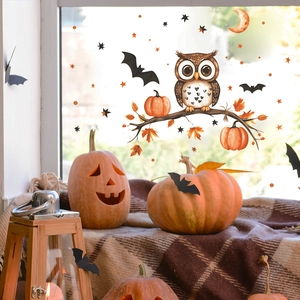 Cartoon owl with witch hat and pumpkin Halloween static window stickers for home decor