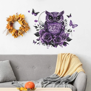 Purple owl and roses wall sticker set for cozy living room home background decoration