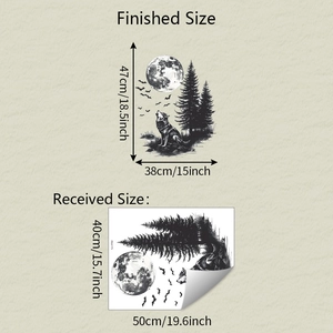 Detail of wolf howling at moon wall sticker with finished and received layout sizes